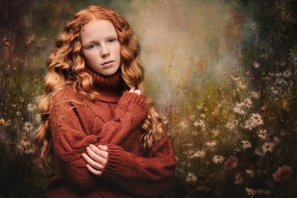 fine art portret van een roodharige jonge vrouw met sproeten in het herfstbos door natuurlijk licht fotograaf Willie Kers uit Apeldoorn